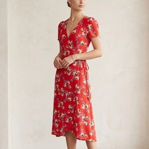 Gap Red Floral Short Sleeve Midi Wrap Dress Size XS